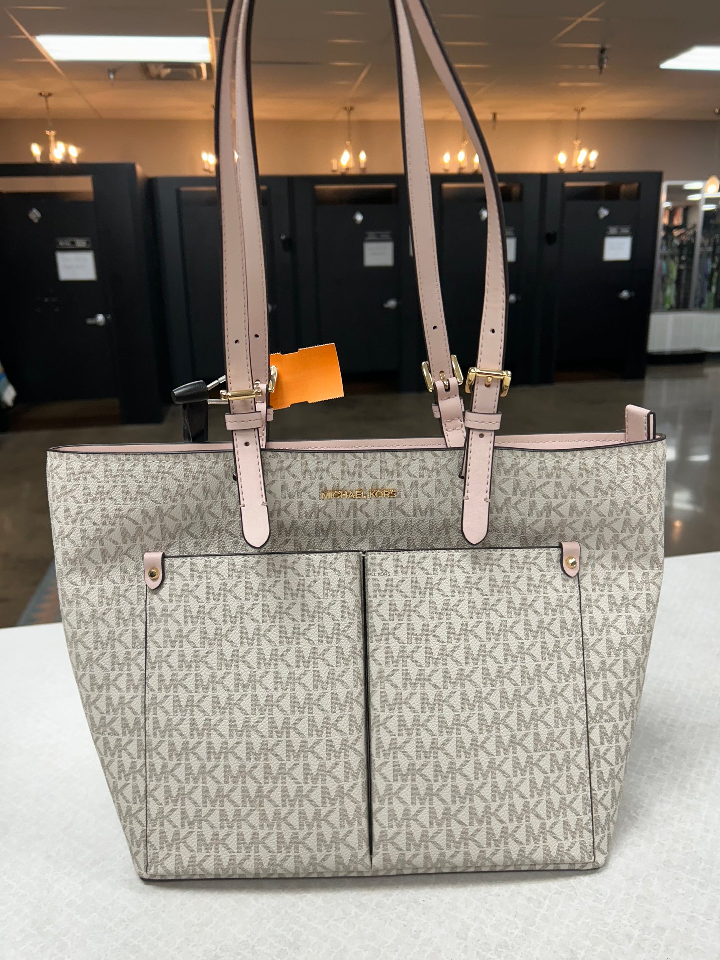 Handbag Designer By Michael Kors In Pink & White, Size:Medium