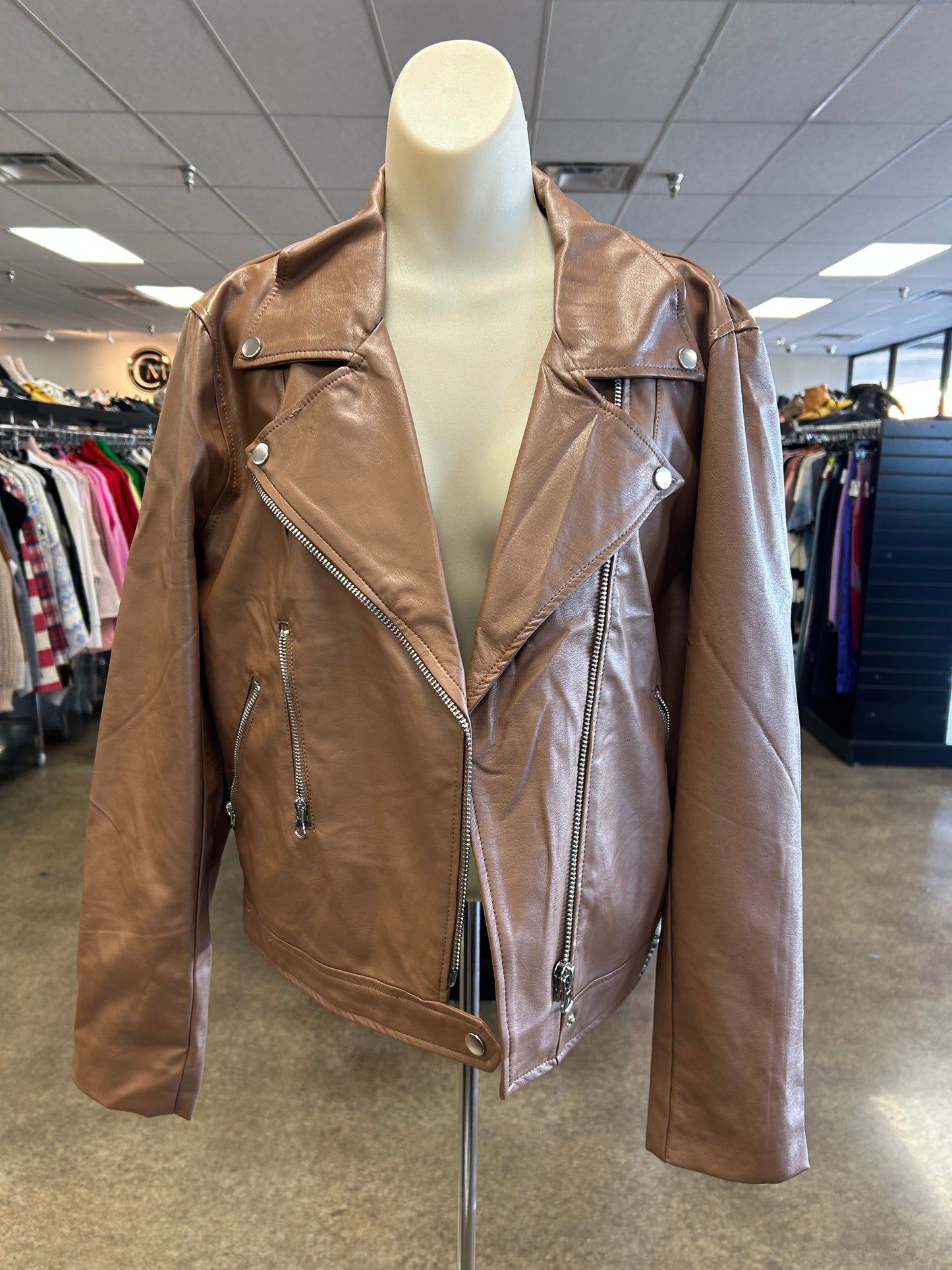 Jacket Moto By Zenana In Brown, Size:Xl