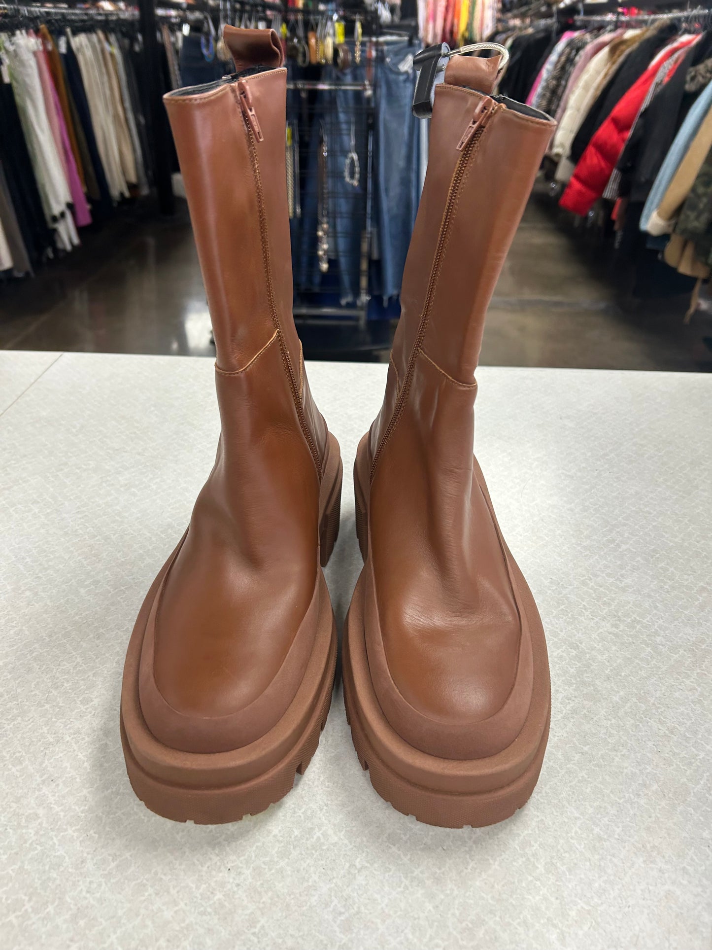Boots Ankle Heels By Clothes Mentor In Brown, Size:9