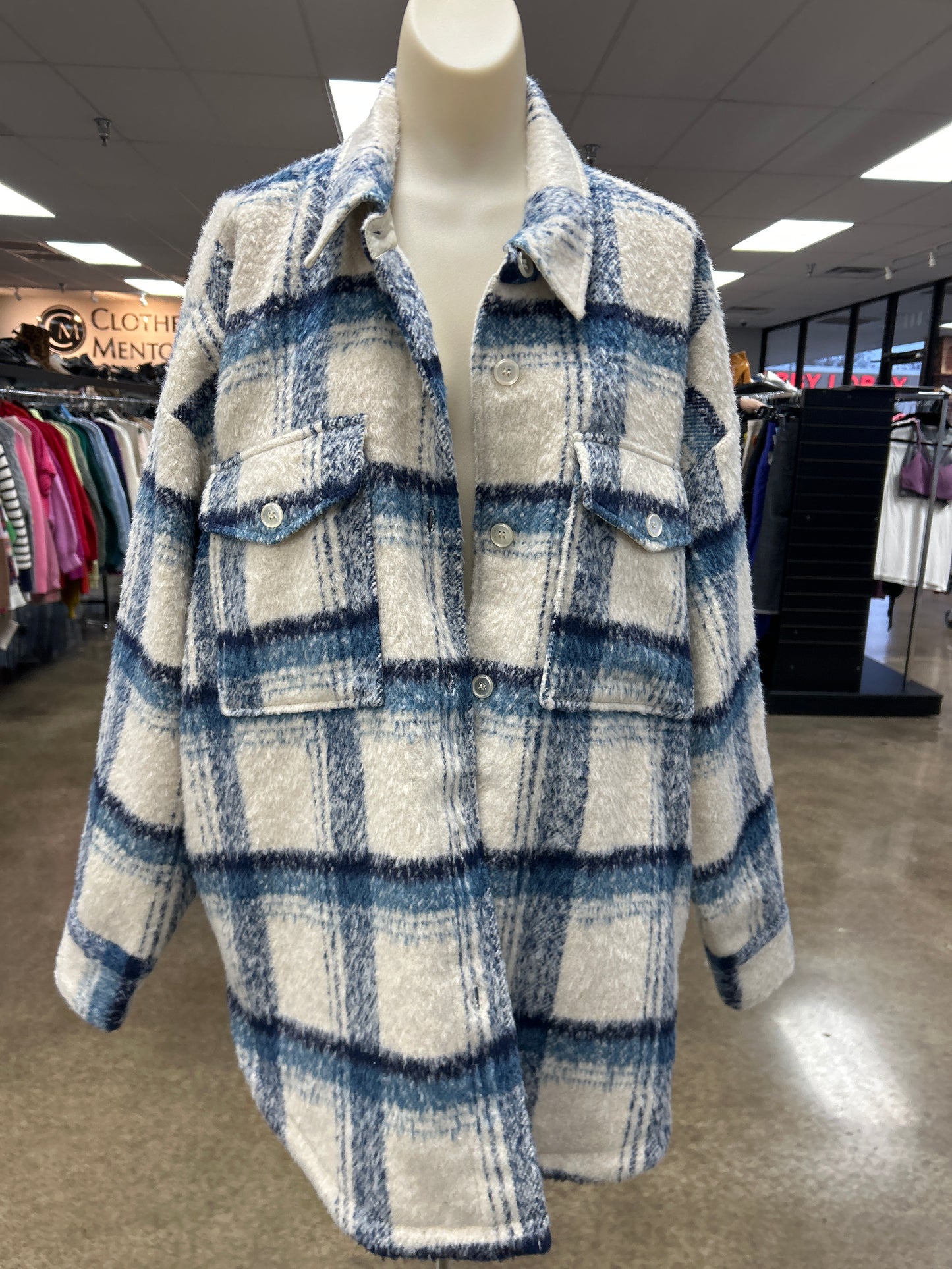 Jacket Shirt By Good American In Blue & Cream, Size:L