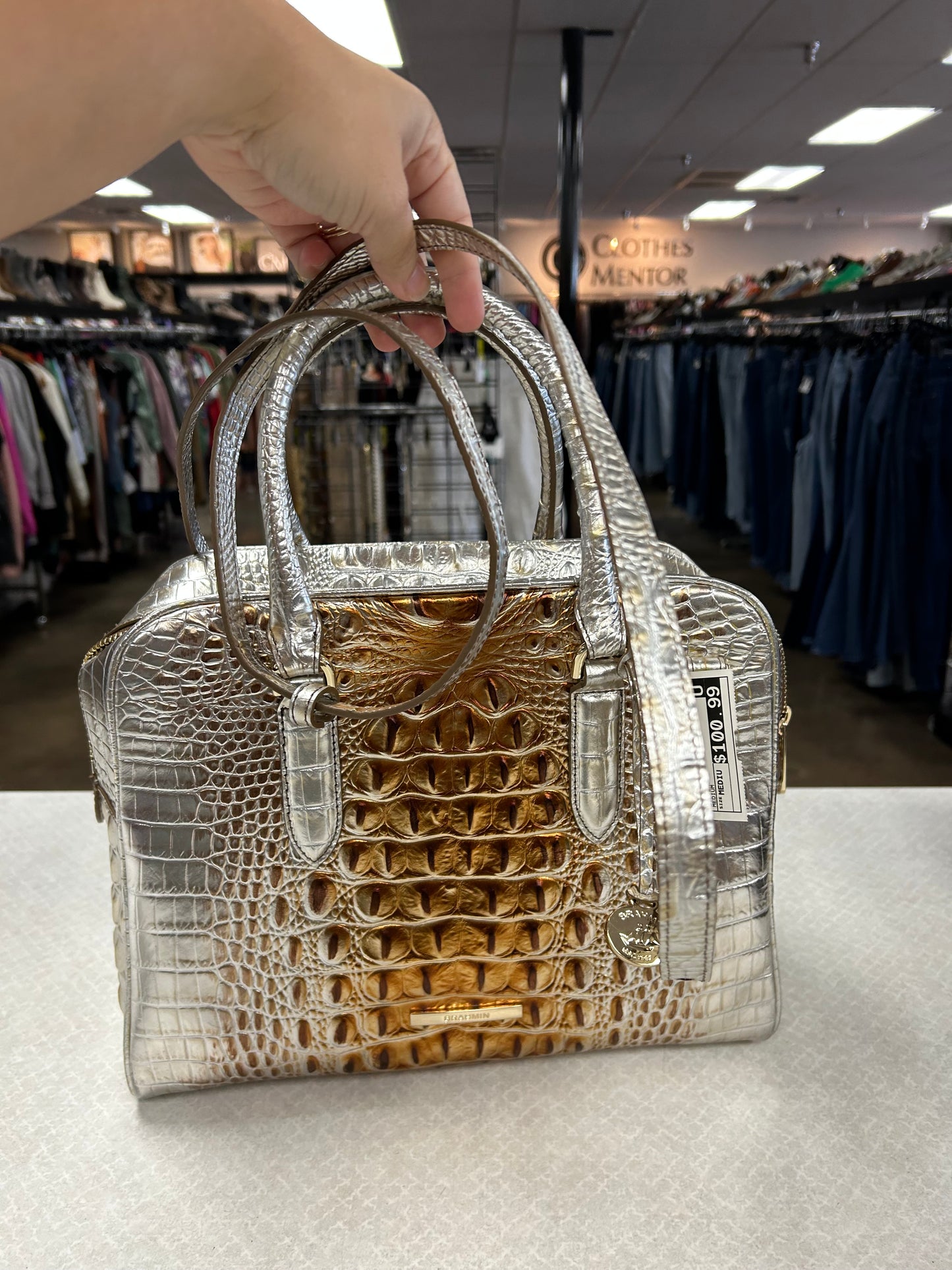 Handbag Designer By Brahmin In Silver, Size:Medium