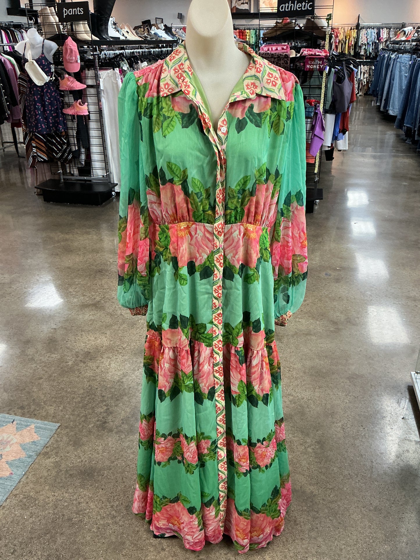 Dress Casual Maxi By Anthropologie In Green & Pink, Size:M