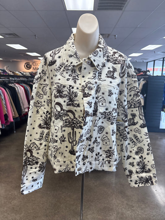 Jacket Denim By Entro In Brown & Cream, Size:M
