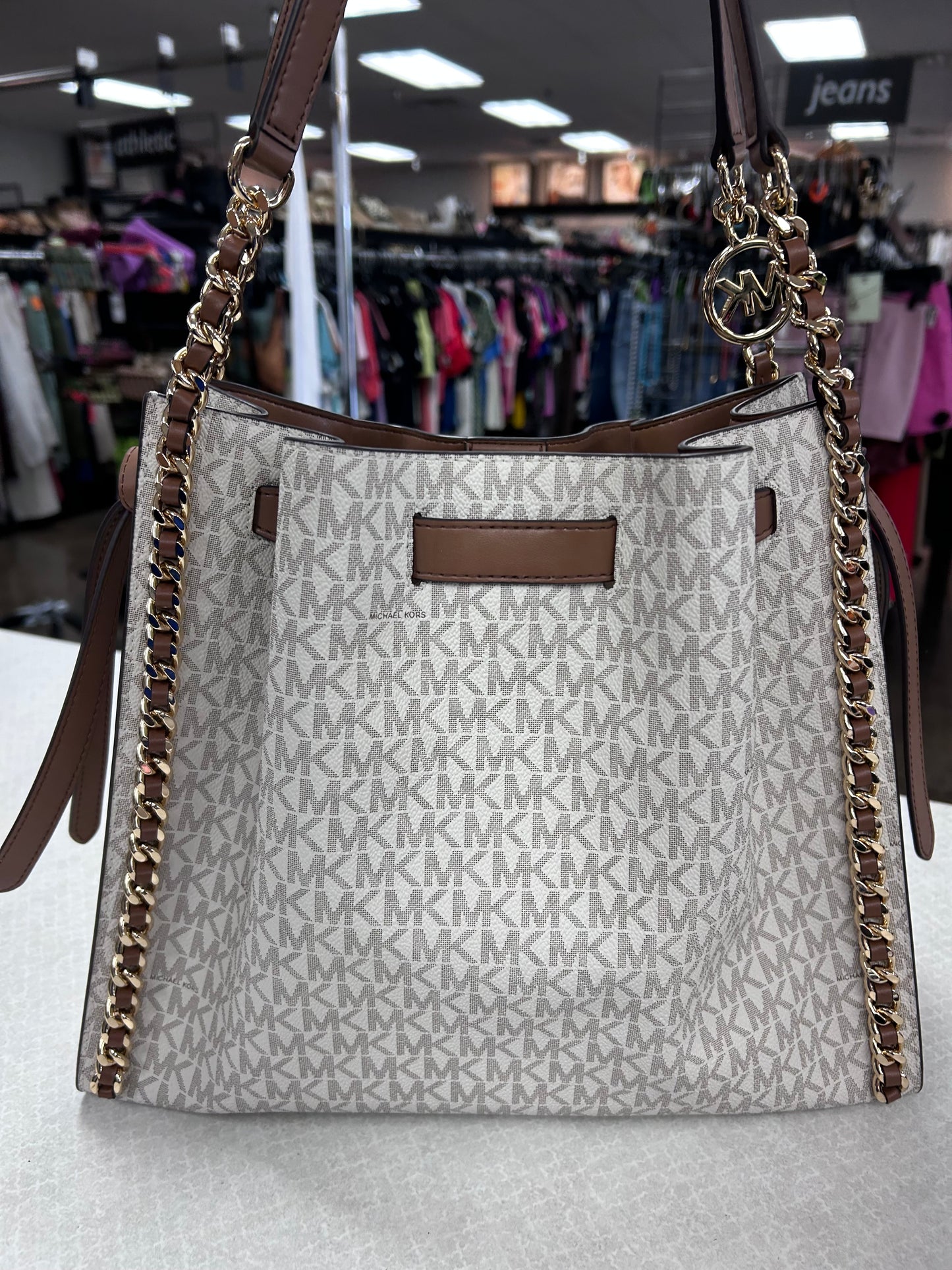Handbag Designer By Michael Kors In Tan & White, Size:Medium