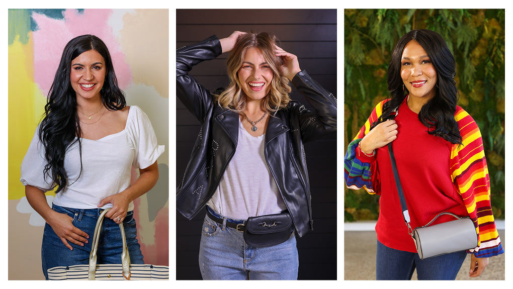 Photo collage of 3 women wearing fall clothing. 