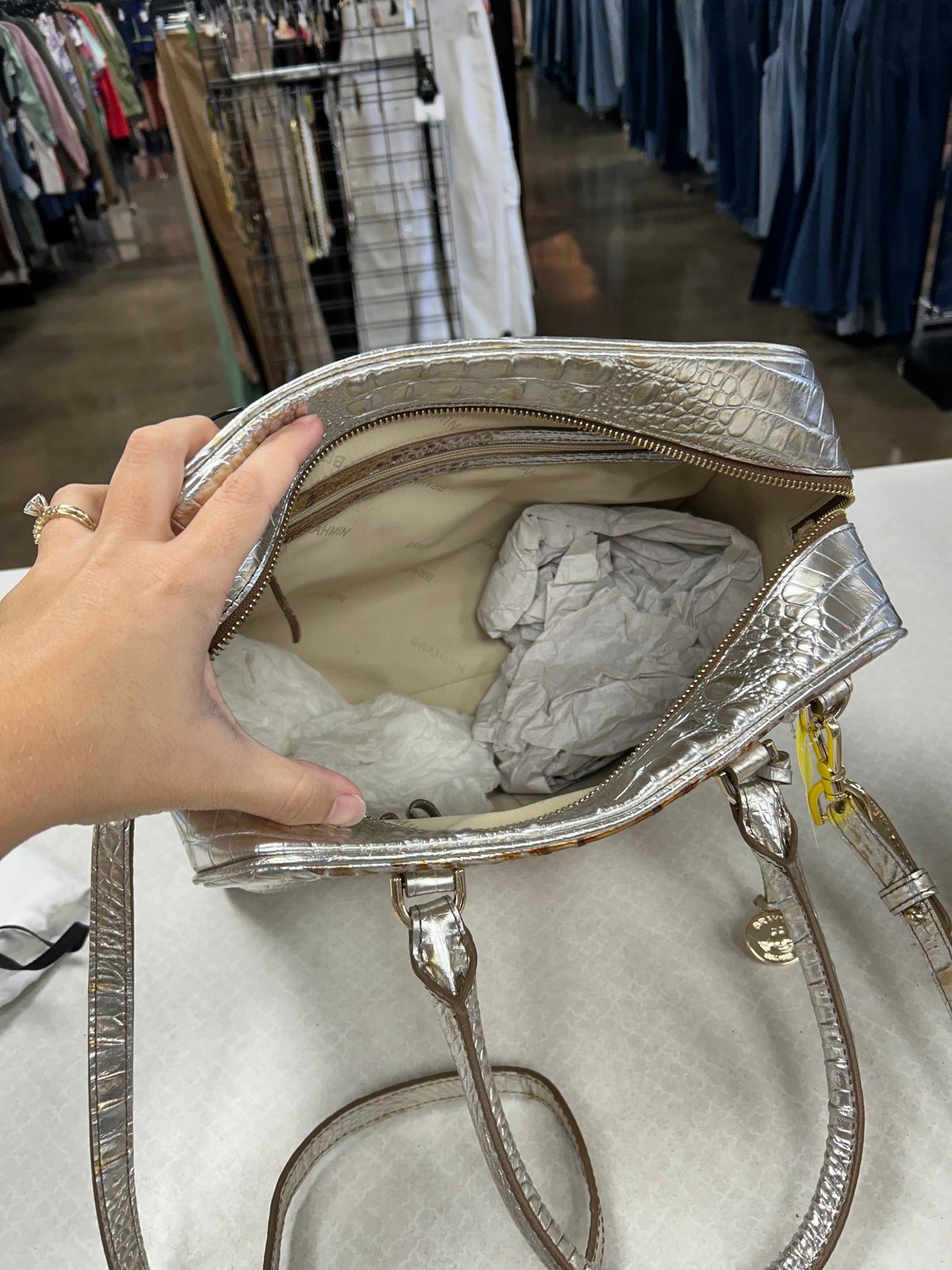 Handbag Designer By Brahmin In Silver, Size:Medium