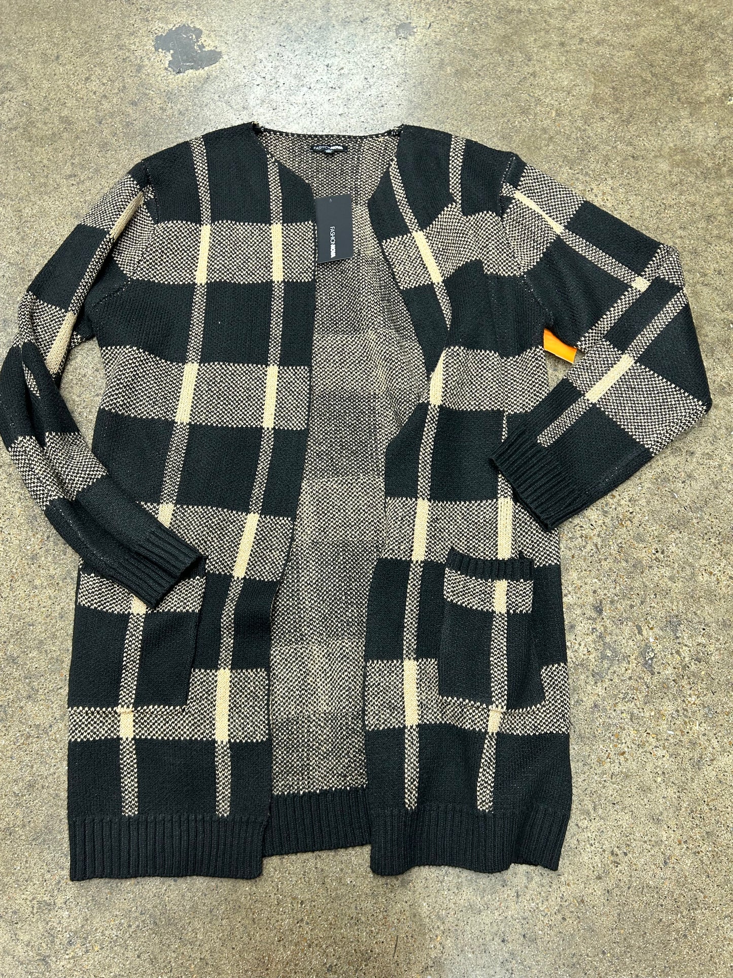 Sweater Cardigan By Fashion Nova In Black & Tan, Size:L
