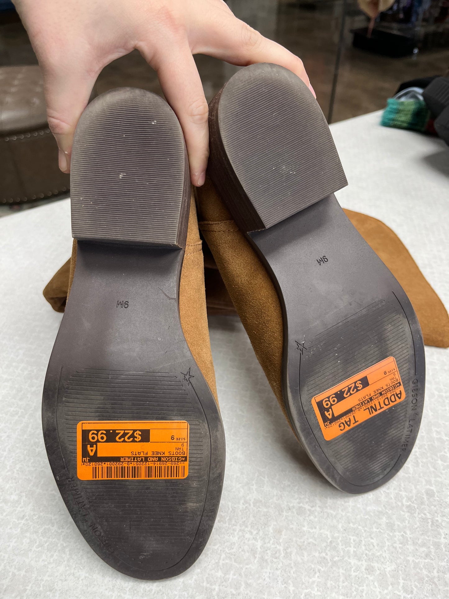 Boots Knee Flats By Gibson And Latimer In Tan, Size:9